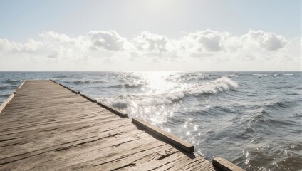 Wooden Pier Stretching into the Ocean Under a Cloudy Sky.