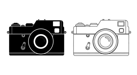 Vintage camera illustration in black and white showing front and side views