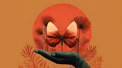 A vector illustration of a butterfly on a pink flower, featuring a floral spring pattern and vintage insect art design, suitable for a summer holiday card decoration