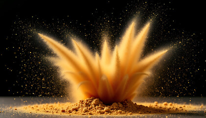 Yellow Powder Explosion with Dynamic Dust Particles Against Black Background