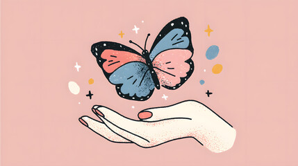 Isolated white background macro image showing a beautiful monarch butterfly with orange and black wings flying onto a hand