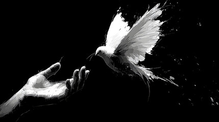 Black vector silhouette of hand with white dove in flight for peace symbol illustration