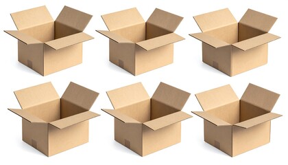 Fototapeta premium Six empty brown rectangular cartons, each with open flaps, isolated on white