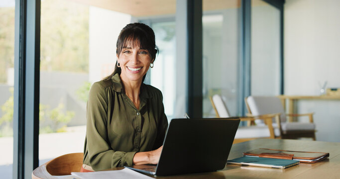 Happy woman, portrait and business planner with laptop, company helpdesk or appointment service. Mature person, coordinator or project manager with smile in office for schedule planning in workplace