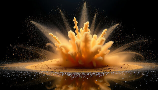 Yellow Powder Explosion with Dynamic Dust Particles Against Black Background