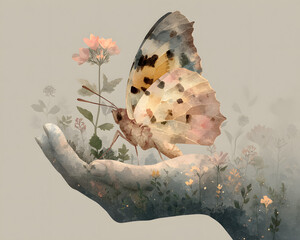 Colorful monarch butterfly closeup on hand in a summer garden with wings spread on a beautiful orange flower