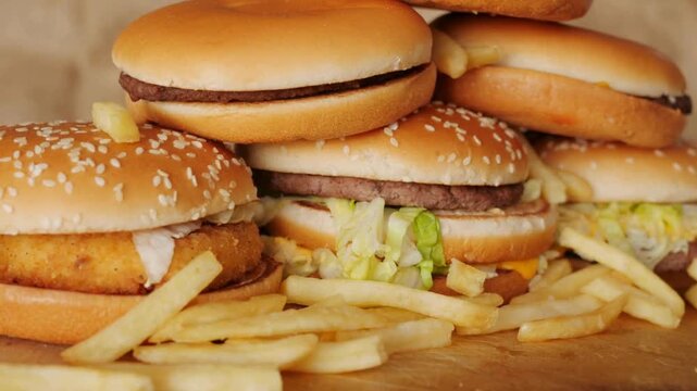 stack of hamburger background cooking 4K unhealthy foods gourmet