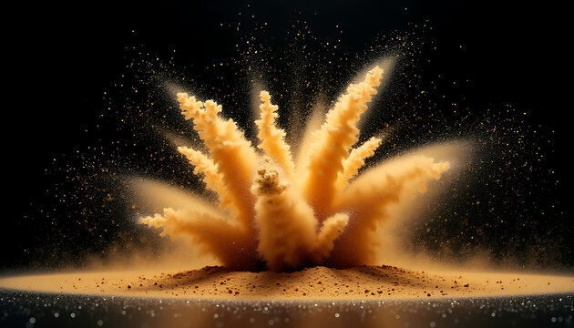 Yellow Powder Explosion with Dynamic Dust Particles Against Black Background