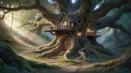 Enchanted Tree house Nestled in Massive Tree with Sunlight Photo