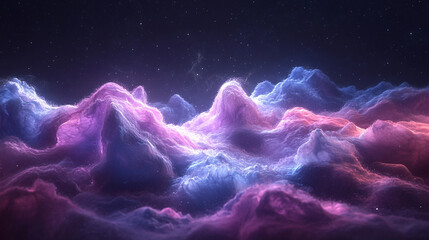 Soft neon particle clouds drift through dark space, glowing in hues of pink, blue, and violet—ethereal energy forming misty cosmic shapes in weightless motion.
