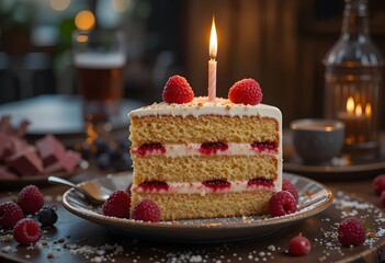 Delicious slice of raspberry layer cake with buttercream frosting and a birthday candle. Ideal for celebration, menu or bakery