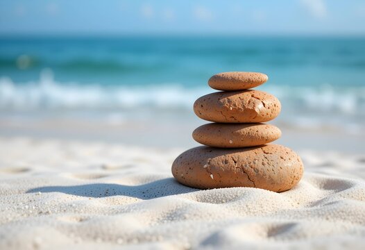 Zen balancing stones stack, white sand beach, relaxing ocean water horizon background design. Ideal for wellness, meditation, spa or holiday promotion