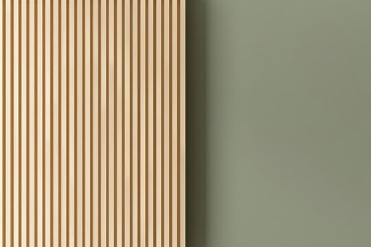 Modern interior design with vertical wood slat wall and muted sage green