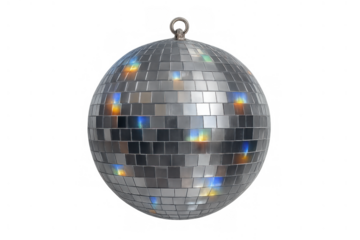 Disco ball reflecting light, symbolizing celebration, party, music, and dance events. Transparent background