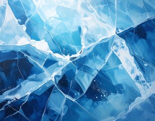 Close-up of translucent, cracked ice in varying shades of blue