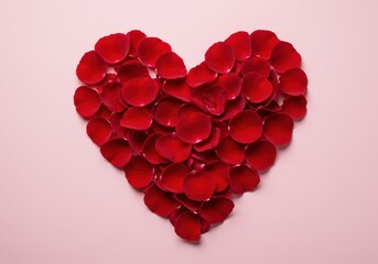 A beautiful, vibrant red heart shape meticulously crafted entirely from fresh rose petals, symbolizing deep love and romantic passion on a gentle background ,feeling ,delicate ,heart