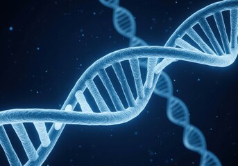 Glowing blue dna double helix structure in dark space
