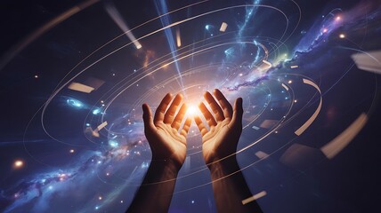 Human Hands Holding Universe with Vibrant Light in Space Photo