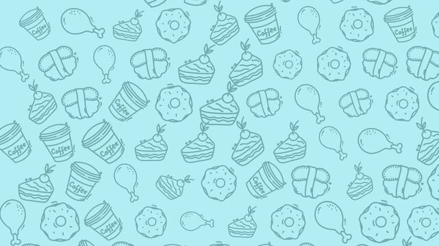 A light blue background with a repeating pattern of various food items and objects.