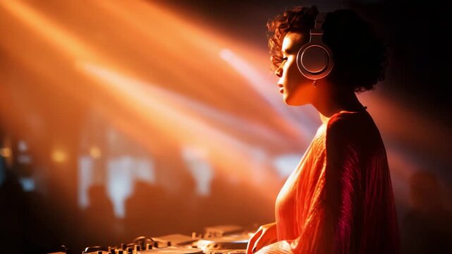 A vibrant and dynamic DJ performance showcasing the energy of the music scene, spotlighting a skilled female DJ in a striking outfit with headphones amidst colorful lights.