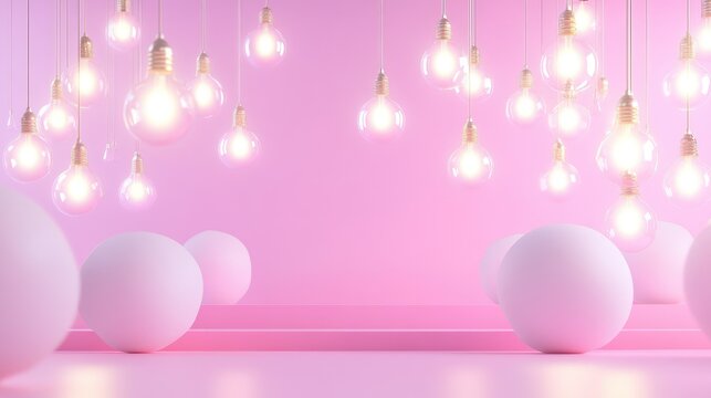 Clean pink space with sequentially lit bulbs, perfect metaphor for invention, startup launch, and creative flow - Powered by Adobe