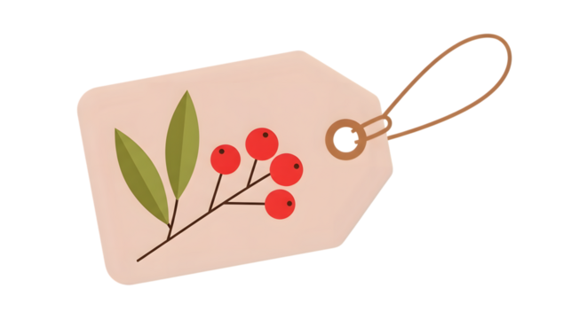 A light pink gift tag with a sprig of red berries and green leaves