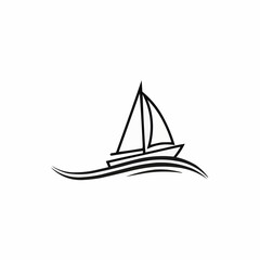 Minimalist Sailboat on Waves Line Art Drawing.