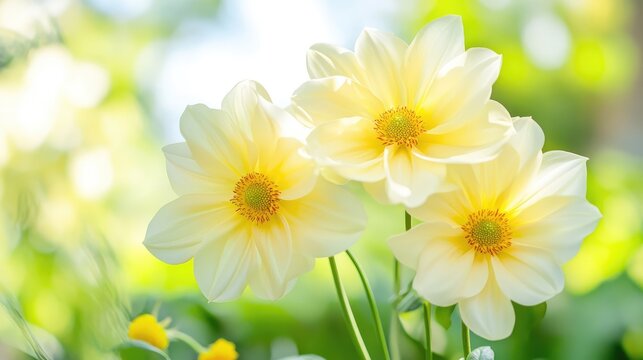 Garden setting featuring three pale yellow blossoms, delicate composition highlights simplicity of nature