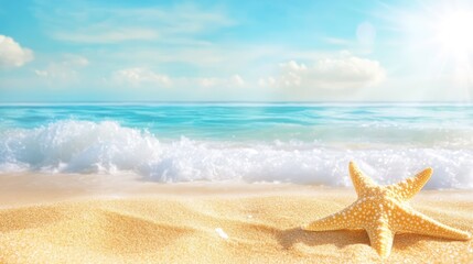 Golden sand, soft waves, and a bright starfish shine under the sun in a classic summer beach day scene