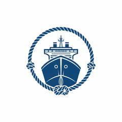 Blue ship inside rope circle nautical design illustration.