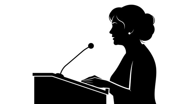 Confident businesswoman speaking at podium with microphone for presentation