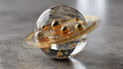 A luminous crystal sphere encapsulating the entire solar system—planets, stars, and orbits suspended in refracted light, symbolizing cosmic harmony and fragility.
