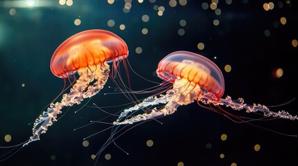 Moody aquatic scene with two jellyfish moving in sync, softly lit against the blackness of an aquarium