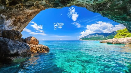 Ocean swirls beneath an arched island cave, with turquoise clarity and summer sky making an idyllic travel scene