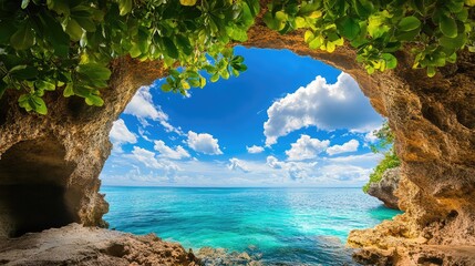 Ocean swirls beneath an arched island cave, with turquoise clarity and summer sky making an idyllic travel scene