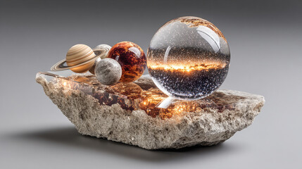 A luminous crystal sphere encapsulating the entire solar system—planets, stars, and orbits suspended in refracted light, symbolizing cosmic harmony and fragility.
