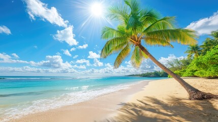 Naklejka premium Palm tree leans over a quiet beach under radiant sunlight, inviting a moment of vacation escape and rest