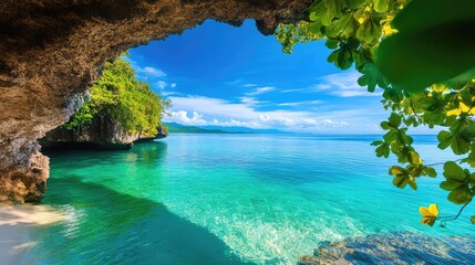 Scenic coastal cave with arch formation and crystal-clear water, highlighting untouched island beauty