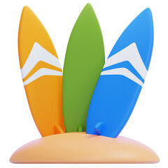 PNG 3D Colorful Surfboards Standing on Beach Sand Illustration Isolated on a White Background