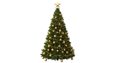 Decorated christmas tree with golden ornaments and lights