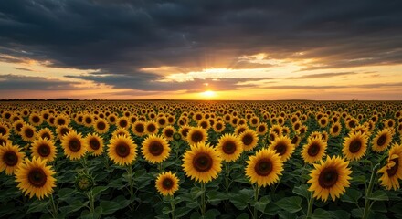 Fototapeta premium Majestic summer landscape featuring vibrant yellow sunflowers stretching across a vast field under a dramatic evening sunset sky ,flora ,sky ,majestic
