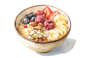 Colorful bowl of oatmeal topped with fresh fruits, nuts, and seeds in a watercolor illustration style