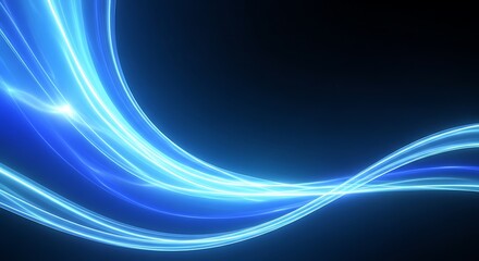 Dynamic glowing blue light trails creating a futuristic abstract energy wave pattern on a deep blue background, symbolizing speed, data, digital connectivity and innovation.