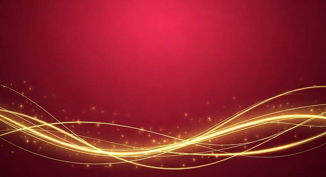 Golden flowing light trails and sparkling particles create a dynamic, energetic, and festive abstract background on a rich red gradient surface, offering a vibrant visual.