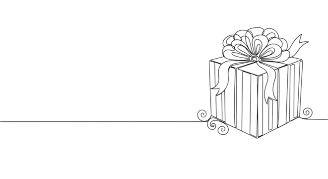 A simple line drawing of a gift box with a bow and ribbon