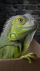 Obraz premium Photorealistic close-up vertical shot of an iguana's face, partially hidden behind a cardboard box, showing one bright green eye and top of head with ears peeking over the edge. A sunset glow