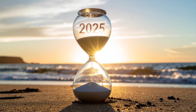 Visualize your dreams for 2025 with this stunning sunset hourglass at the beach, reminding us to seize the moment and make every second count