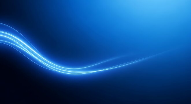 Abstract blue background with dynamic glowing light lines creating a futuristic wave pattern, symbolizing data, technology, energy, and digital flow concept.