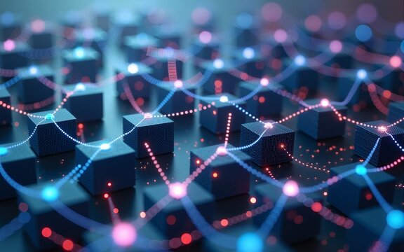 An interconnected network of digital cubes and blocks that form a futuristic metaverse, allowing for seamless communication and collaboration across virtual worlds. High quality