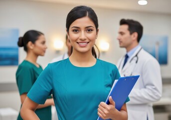 Smiling female nurse holds clipboard with medical team behind her